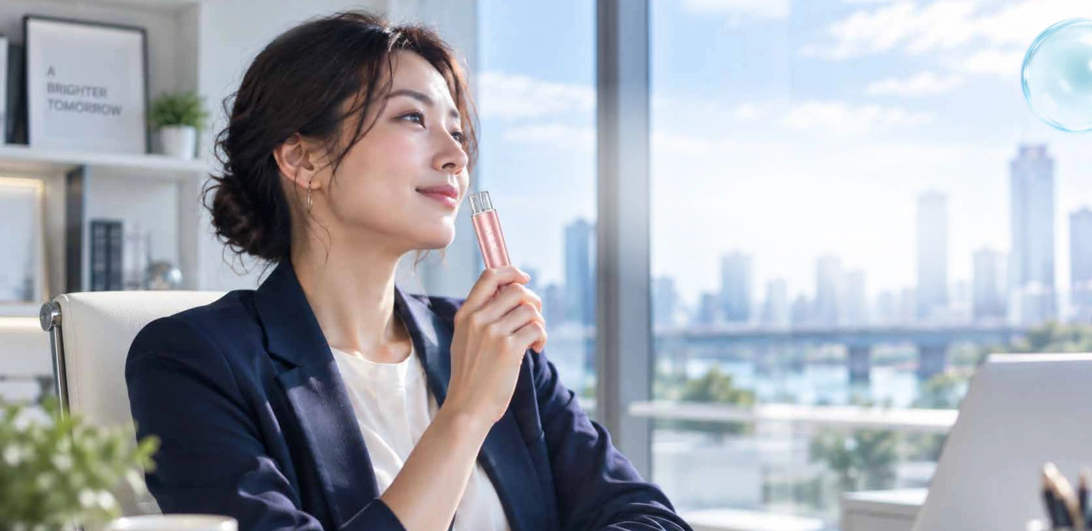 窓際のデスクに座る人物