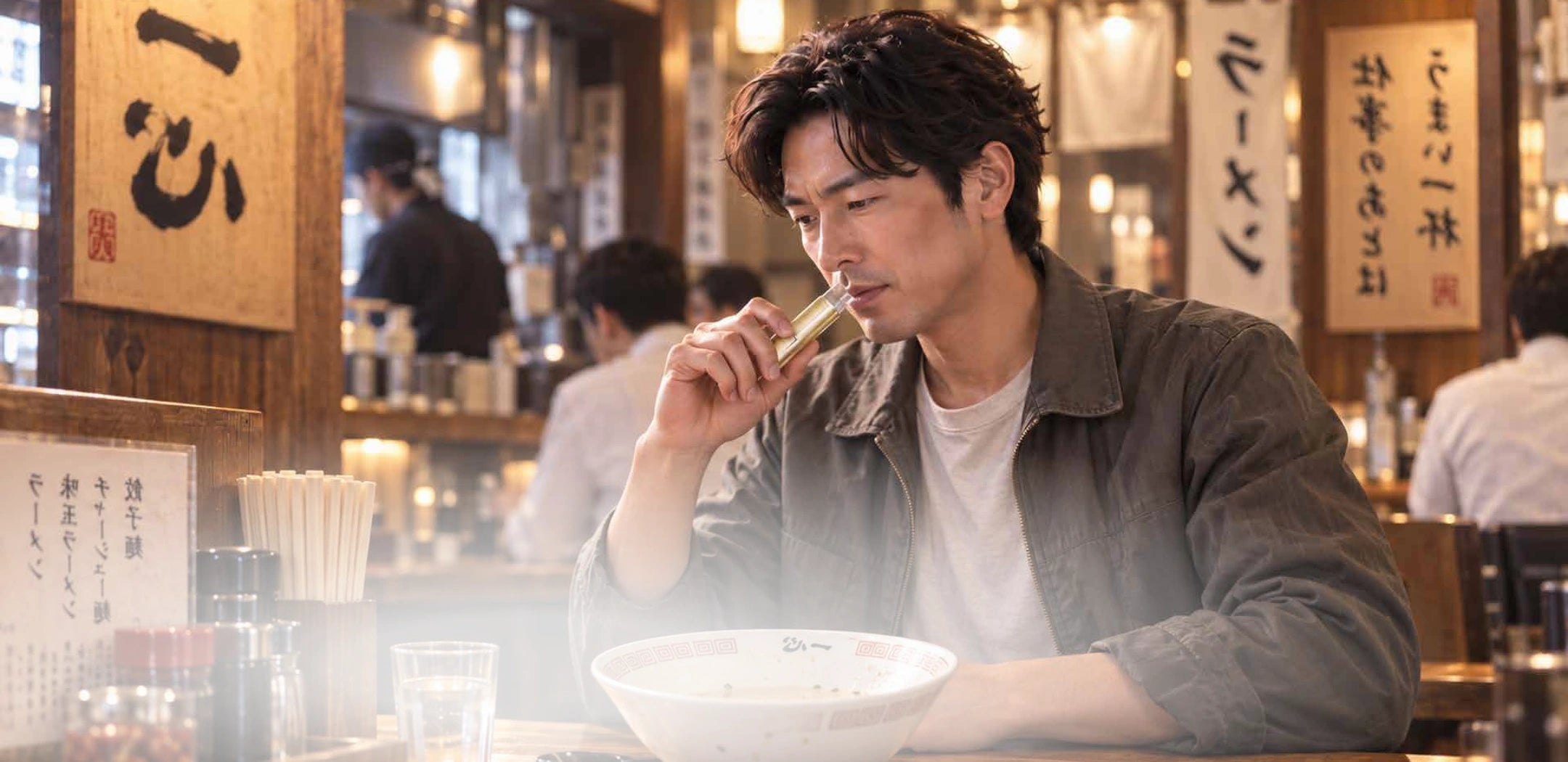 飲食店の席に座る人物